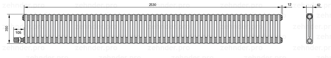 Схема (чертеж) Радиатор Zehnder Charleston 2035/55 №V003 Белый глянцевый RAL 9016